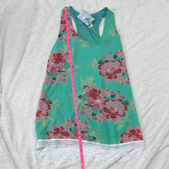 Green Floral Sleeveless Mini Summer Dress with White Fringe - Picture 2 of 6